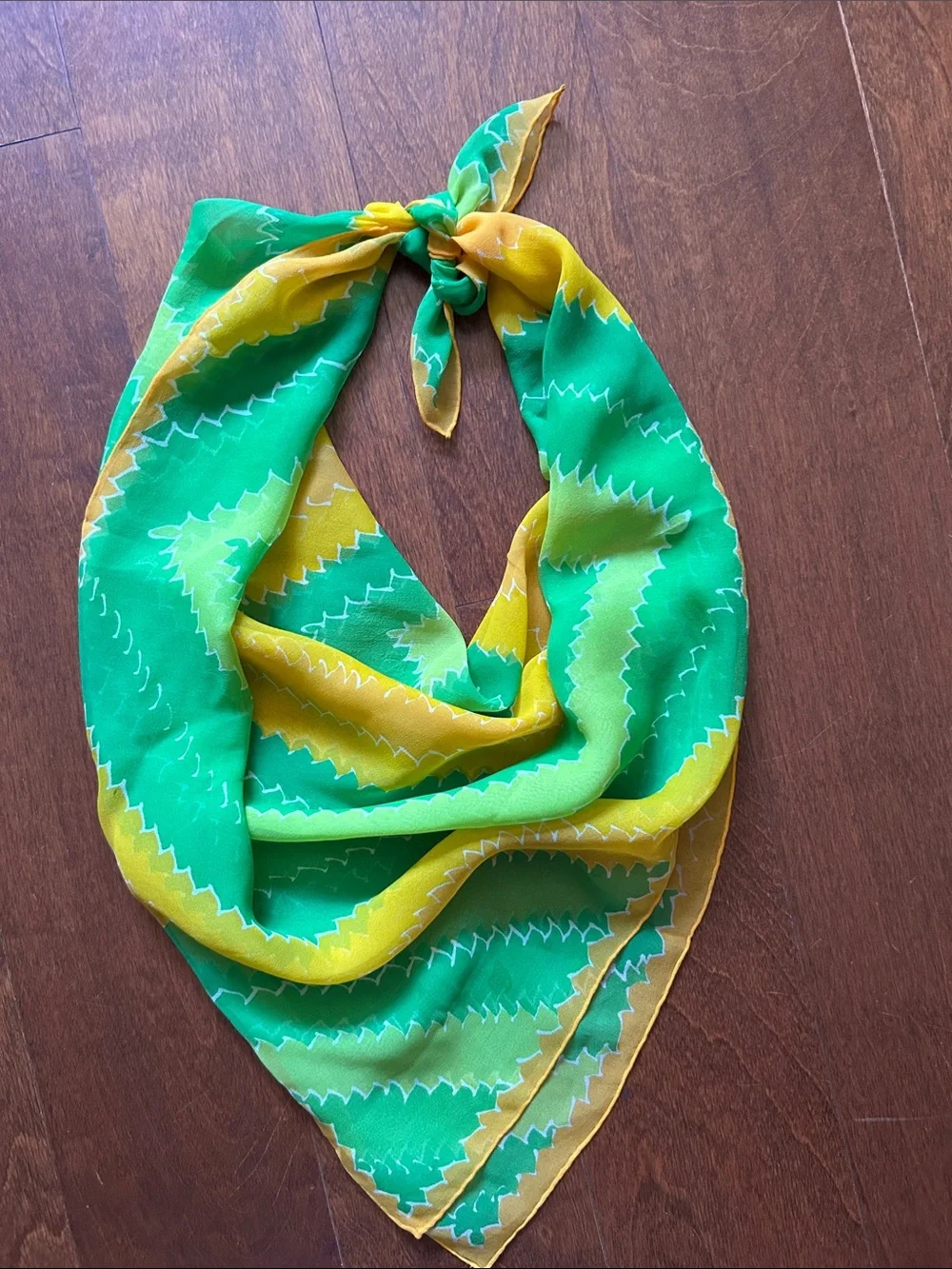 Vintage Silky Lightweight Green and Yellow Geometric Scarf